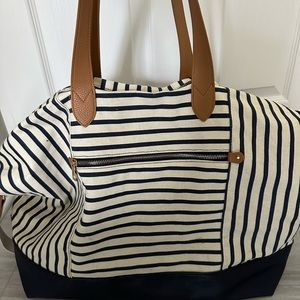 Navy Striped Weekender Beige Gold Colored Zipper Brown Faux Leather